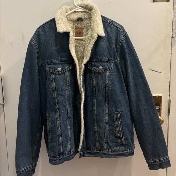 Mens Large Sherpa Lined Denim Jacket - Picture 1 of 3